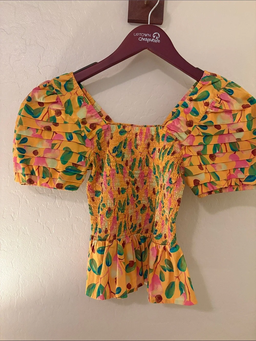 FARM Rio Yellow flower/fruit print Puff Sleeve Smocked Blouse
